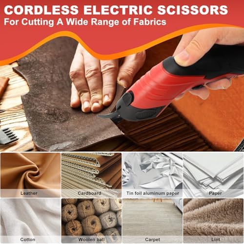Cordless Electric Scissors, 4.2V Cardboard Cutter with 3 Self-sharpening Cutter Blades, Rechargeable Super Scissors with Safety Lock, for Fabric Cardboard Carpet Leather Felt (3pcs blades red)
