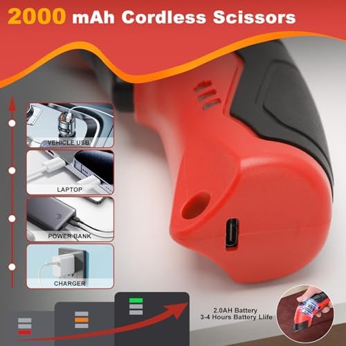 Cordless Electric Scissors, 4.2V Cardboard Cutter with 3 Self-sharpening Cutter Blades, Rechargeable Super Scissors with Safety Lock, for Fabric Cardboard Carpet Leather Felt (3pcs blades red)
