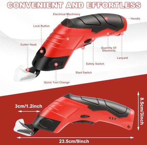 Cordless Electric Scissors, 4.2V Cardboard Cutter with 3 Self-sharpening Cutter Blades, Rechargeable Super Scissors with Safety Lock, for Fabric Cardboard Carpet Leather Felt (3pcs blades red)