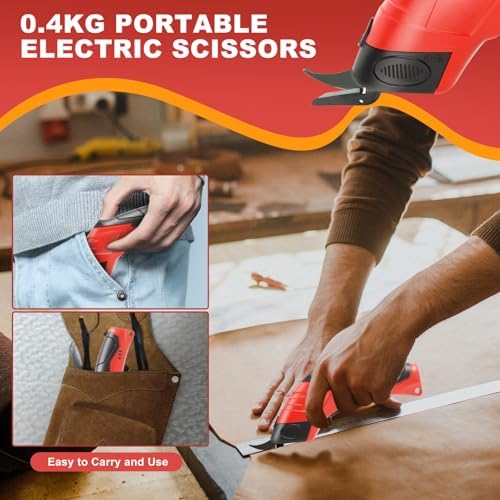 Cordless Electric Scissors, 4.2V Cardboard Cutter with 3 Self-sharpening Cutter Blades, Rechargeable Super Scissors with Safety Lock, for Fabric Cardboard Carpet Leather Felt (3pcs blades red)