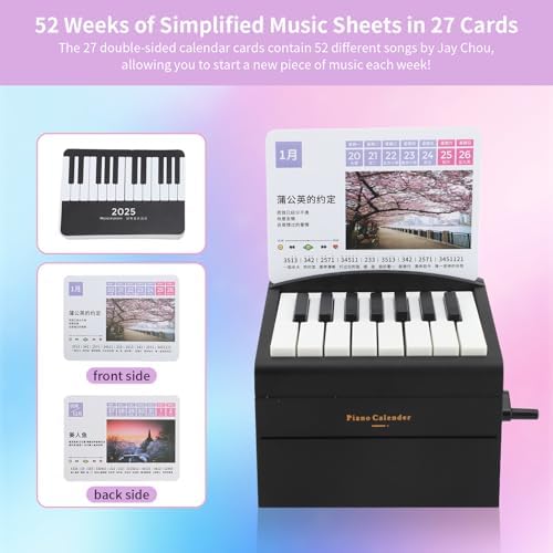 Piano Calendar 2025 Desk Calendar, Mini Piano Calendar with 52 Music Scores, Mini Desk Calendar in 27 Cards, Gifts for Swift Fans Home Decor (Chou 52 songs Black)
