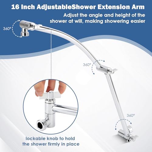 All Metal 19'' Shower Extension Arm Solid Brass Flexible Height & Angle Adjustable Shower Arm Extender With 2 Locking Joints Long Lasting Adjustable Showerhead Extender (19