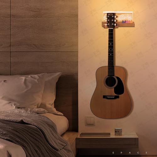 Gugxiom Light up Wooden Guitar Stand,Note Pattern Designs,Guitar Wall Mount in USB Powered,Guitar Wall Hanger for Electric Bass 、Acoustic 、and Ukulele Violin