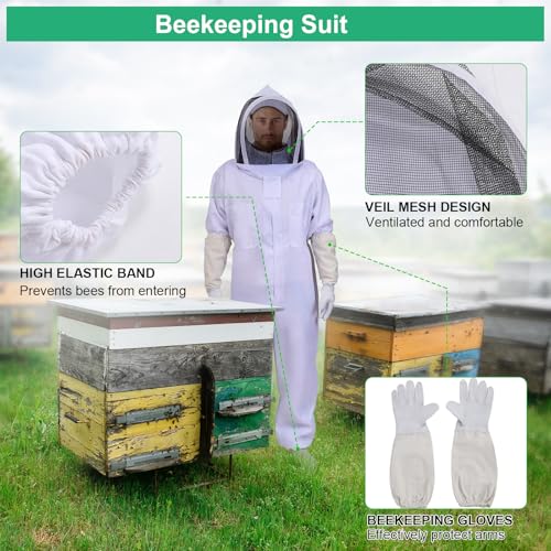 Bee Suits Bee Keeper, Bee Suit for Men Women, with Glove &Ventilated Hood, Ventilated Hood Bee Keeping Starter kit for Backyard and Bee Keeper (L)