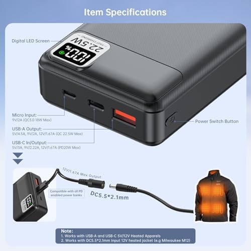12V Heated Jacket Battery Pack 20000mAh (12V/6.5Ah)