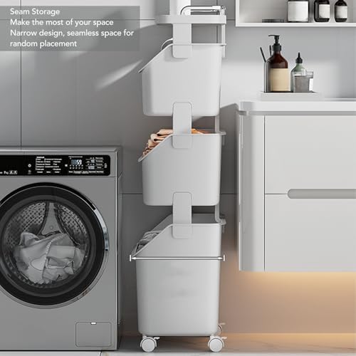 3 Tier Laundry Basket Organizer with Wheels, Tiered Laundry Basket Organizer, with Portable Storage Baskets, for Kitchen Bathroom Bedroom Laundry Room