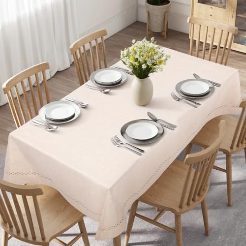 Gugxiom Linen Textured Tablecloth, Rectangle Tablecloth Waterproof, Wrinkle-Free, Boho Table Cloth for Dining Coffee Dining Party Outdoor Camping Wedding (130 x 175 cm Beige)