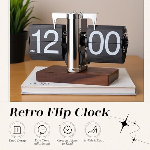 Flip Desk Clock, Retro Digital Flip Down Clock, Automatic Turning Battery Operated Mechanical Clock, for Home Room Office Décor (Black)