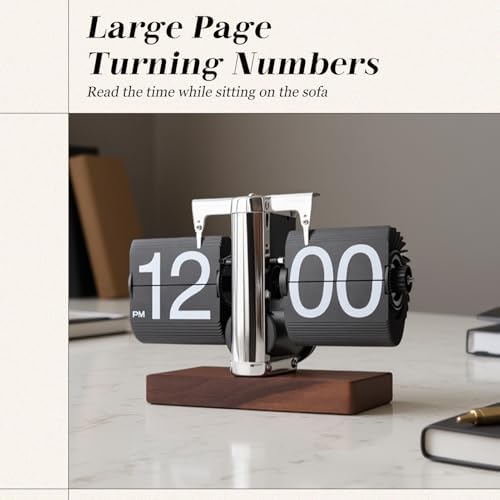 Flip Desk Clock, Retro Digital Flip Down Clock, Automatic Turning Battery Operated Mechanical Clock, for Home Room Office Décor (Black)