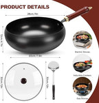 Gugxiom Suntuup Japanese Iron Pan, 28cm/11in Cast Iron Wok (Glass lid)
