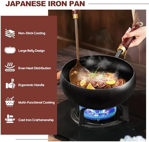 Gugxiom Suntuup Japanese Iron Pan, 28cm/11in Cast Iron Wok (Glass lid)