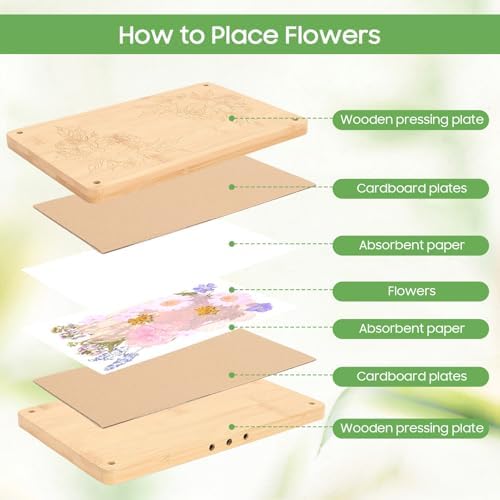 Gugxiom Flower Press Kit, 10.8" x 6.8" Large Wooden Flower Press, Even Pressure, DIY Arts Pressing Kit for Making Dried Flowers/Plants, for Plant and Crafts Lover