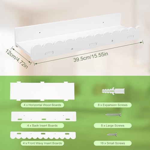 Gugxiom 4Pcs Kids' Bookshelf, Picture Shelf, White Floating Nursery Book Shelves, Scalloped Shelves, for Books Toys Photo Frames Nursery Décor (4)