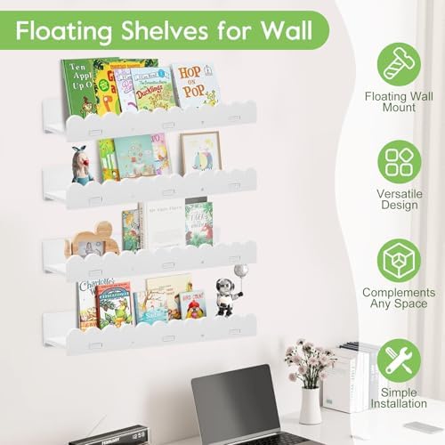 Gugxiom 4Pcs Kids' Bookshelf, Picture Shelf, White Floating Nursery Book Shelves, Scalloped Shelves, for Books Toys Photo Frames Nursery Décor (4)