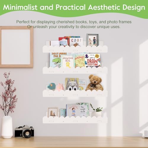 Gugxiom 4Pcs Kids' Bookshelf, Picture Shelf, White Floating Nursery Book Shelves, Scalloped Shelves, for Books Toys Photo Frames Nursery Décor (4)
