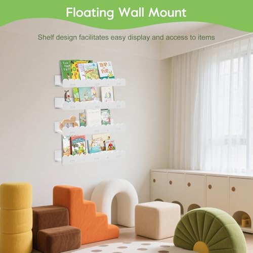 Gugxiom 4Pcs Kids' Bookshelf, Picture Shelf, White Floating Nursery Book Shelves, Scalloped Shelves, for Books Toys Photo Frames Nursery Décor (4)
