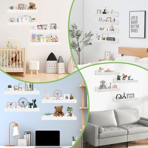 Gugxiom 4Pcs Kids' Bookshelf, Picture Shelf, White Floating Nursery Book Shelves, Scalloped Shelves, for Books Toys Photo Frames Nursery Décor (4)