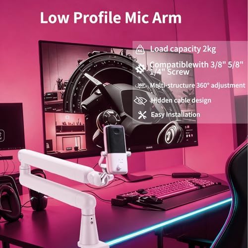 White 360° Rotatable Mic Stand, Microphone Boom Arm, Low Profile Mic Arm, Compatiblewith 3/8" 5/8" 1/4" Screw, for Podcasts Gaming Office Recording (white standard)