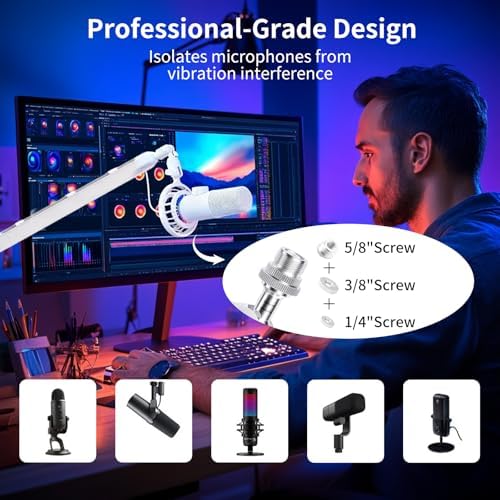 White 360° Rotatable Mic Stand, Microphone Boom Arm, Low Profile Mic Arm, Compatiblewith 3/8" 5/8" 1/4" Screw, for Podcasts Gaming Office Recording (white standard)