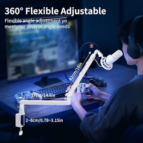 White 360° Rotatable Mic Stand, Microphone Boom Arm, Low Profile Mic Arm, Compatiblewith 3/8" 5/8" 1/4" Screw, for Podcasts Gaming Office Recording (white standard)