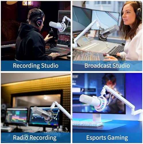 White 360° Rotatable Mic Stand, Microphone Boom Arm, Low Profile Mic Arm, Compatiblewith 3/8" 5/8" 1/4" Screw, for Podcasts Gaming Office Recording (white standard)