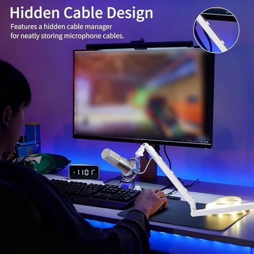 White 360° Rotatable Mic Stand, Microphone Boom Arm, Low Profile Mic Arm, Compatiblewith 3/8" 5/8" 1/4" Screw, for Podcasts Gaming Office Recording (white standard)