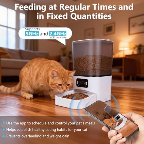 6L Automatic Cat Feeder, Cat Automatic Feeder with Camera, 180° Wide Angle 2MP & Two-Way Talk Feature & Voice Recording & 5GHz 2.4GHz WiFi