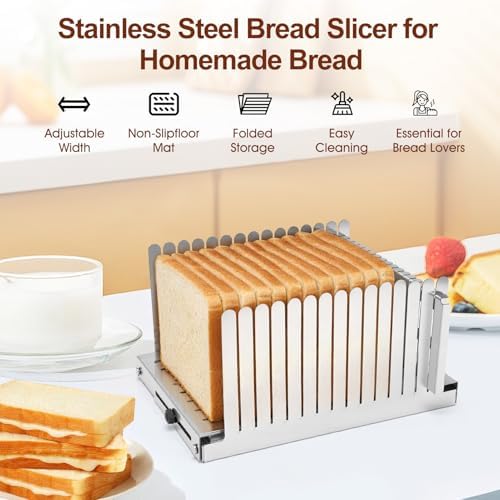 Stainless Steel Bread Slicer for Homemade Bread, Adjustable Width 5.5"-8.3" Slicing Guides, Bread Loaf Slicer, for Homemade Bread Bagels Cakes