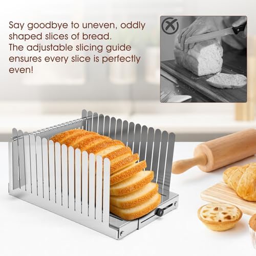 Stainless Steel Bread Slicer for Homemade Bread, Adjustable Width 5.5"-8.3" Slicing Guides, Bread Loaf Slicer, for Homemade Bread Bagels Cakes