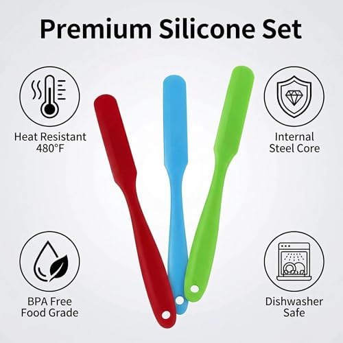 3Pcs Silicone Jar Spatula Set – Long Handle Heat Resistant Kitchen Spatulas, Non-Stick Jam & Cream Spreader, Food Grade Batter Scraper for Baking, Cake Icing & Jar Scraping (Red, Blue, Green)