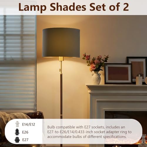 Gugxiom Lamp Shades Set of 2, 12" × 10" × 8", Linen Drum Lamp Shades for Floor Lamps, Table Lamps, with E27 to E26/E14/0.433" socket Adapters (Black Gold)