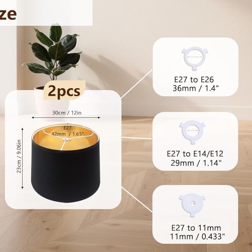 Gugxiom Lamp Shades Set of 2, 12" × 10" × 8", Linen Drum Lamp Shades for Floor Lamps, Table Lamps, with E27 to E26/E14/0.433" socket Adapters (Black Gold)