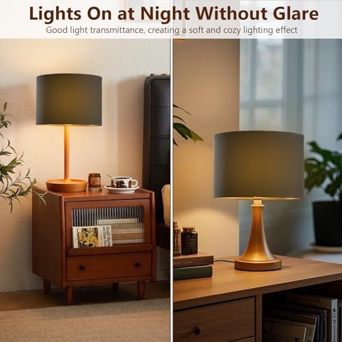 Gugxiom Lamp Shades Set of 2, 12" × 10" × 8", Linen Drum Lamp Shades for Floor Lamps, Table Lamps, with E27 to E26/E14/0.433" socket Adapters (Black Gold)