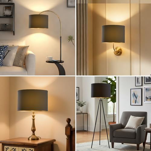 Gugxiom Lamp Shades Set of 2, 12" × 10" × 8", Linen Drum Lamp Shades for Floor Lamps, Table Lamps, with E27 to E26/E14/0.433" socket Adapters (Black Gold)