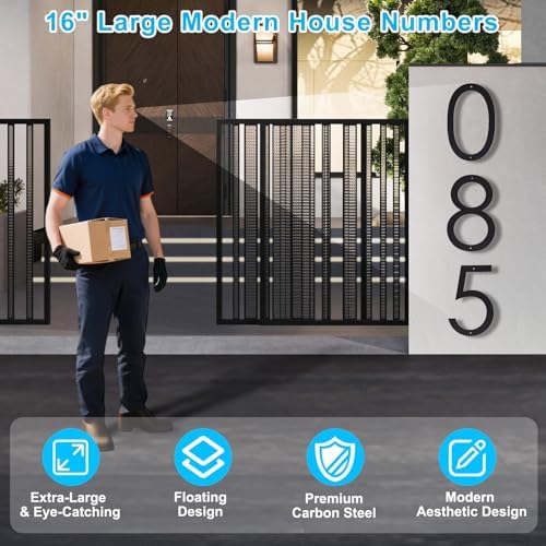 16" Large Modern House Numbers, Black Metal House Numbers for Outside, Outdoor Floating House Numbers (2)