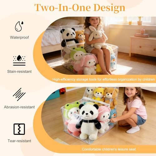 Gugxiom Soft Toy Storage Bag, PVC Clear Teddy Storage Chair Cover, Waterproof Stuffed Animal Organiser for Children's Bedrooms, Playrooms and Nurseries (Large, L)