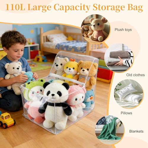 Gugxiom Soft Toy Storage Bag, PVC Clear Teddy Storage Chair Cover, Waterproof Stuffed Animal Organiser for Children's Bedrooms, Playrooms and Nurseries (Large, L)