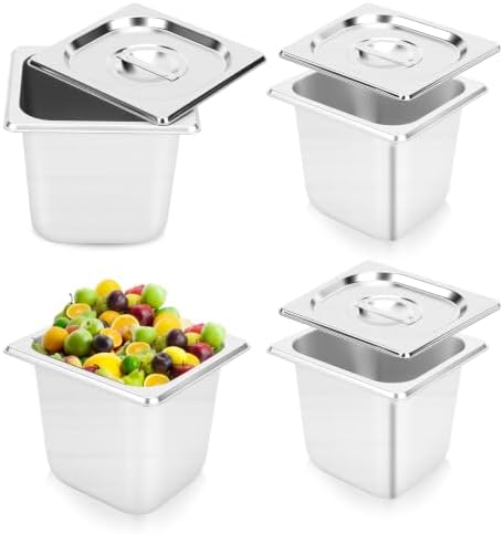 10 Set Stainless Steel Hotel Pans without Lids, 1/6 Size 6 Inch Deep, Food Storage Containers for Home Party Hotel Buffet Commercial Kitchen (10, 17.6x16.2x10cm / 6.93x6.38x3.94in Without lid)