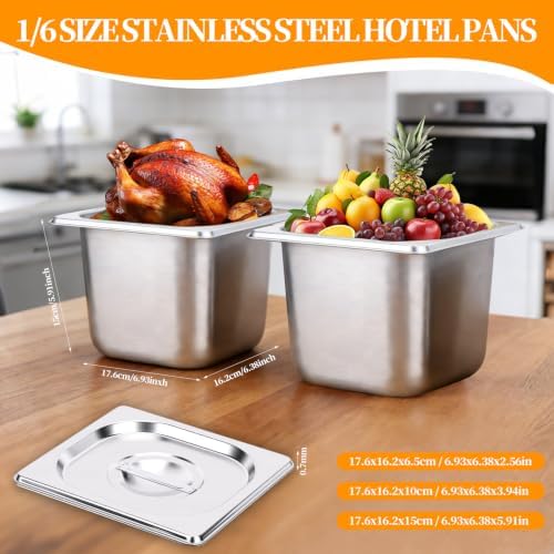 10 Set Stainless Steel Hotel Pans without Lids, 1/6 Size 6 Inch Deep, Food Storage Containers for Home Party Hotel Buffet Commercial Kitchen (10, 17.6x16.2x10cm / 6.93x6.38x3.94in Without lid)