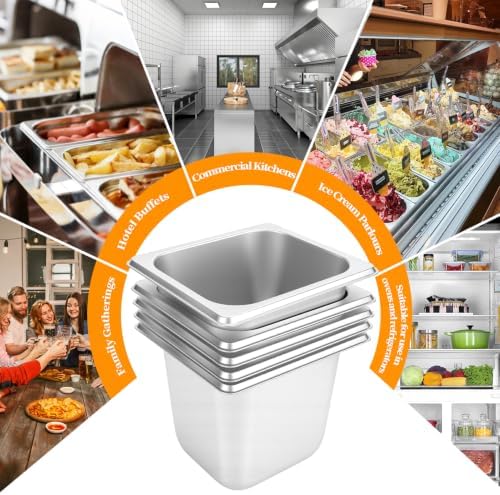 10 Set Stainless Steel Hotel Pans without Lids, 1/6 Size 6 Inch Deep, Food Storage Containers for Home Party Hotel Buffet Commercial Kitchen (10, 17.6x16.2x10cm / 6.93x6.38x3.94in Without lid)