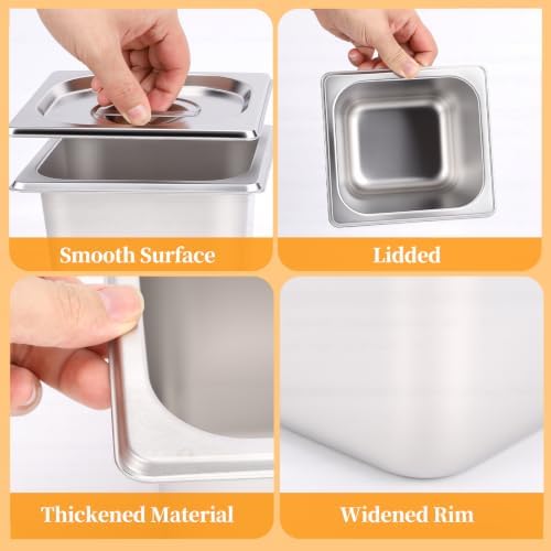 10 Set Stainless Steel Hotel Pans without Lids, 1/6 Size 6 Inch Deep, Food Storage Containers for Home Party Hotel Buffet Commercial Kitchen (10, 17.6x16.2x10cm / 6.93x6.38x3.94in Without lid)