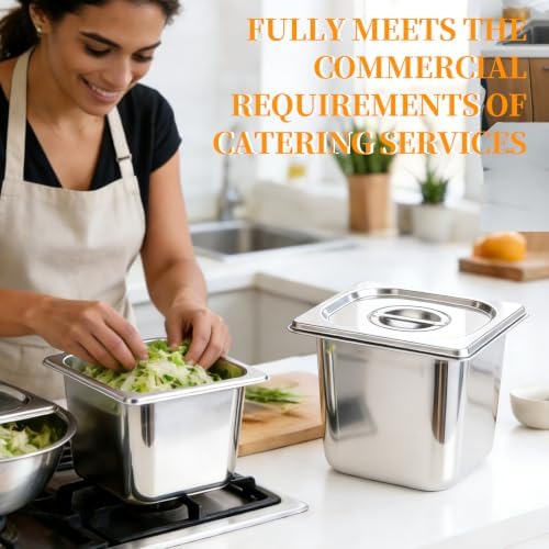 10 Set Stainless Steel Hotel Pans without Lids, 1/6 Size 6 Inch Deep, Food Storage Containers for Home Party Hotel Buffet Commercial Kitchen (10, 17.6x16.2x10cm / 6.93x6.38x3.94in Without lid)