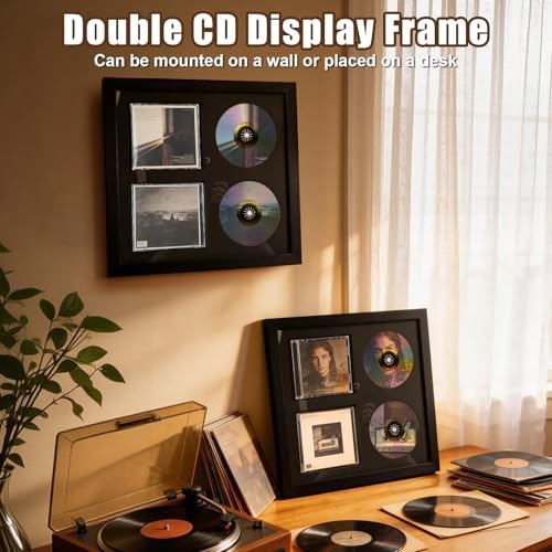 Gugxiom Double CD Display Frame, 14.2"x12.8" Signed CD Display Frame Case with Real Glass, for Wall & Table Mount, Music Home Decor