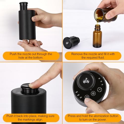 Waterless Essential Oil Diffuser for Home, Battery Operated Car Diffuser, 2 Fluid & 3 Levels & Color Lights, for Home Car Office (Black)