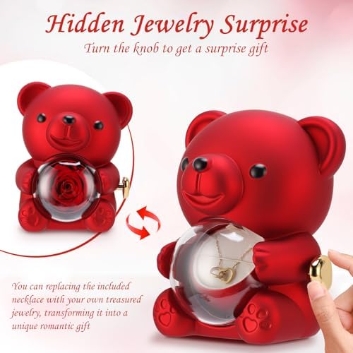 Gugxiom Cute Preserved Rose Teddy Bear, Preserved Real Rose Teddy Gift Box, Rose Bear, Romantic for Her in Mother's Day, Valentine's Day, Wedding, Anniversary, Birthday (Red)