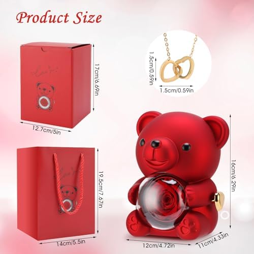 Gugxiom Cute Preserved Rose Teddy Bear, Preserved Real Rose Teddy Gift Box, Rose Bear, Romantic for Her in Mother's Day, Valentine's Day, Wedding, Anniversary, Birthday (Red)
