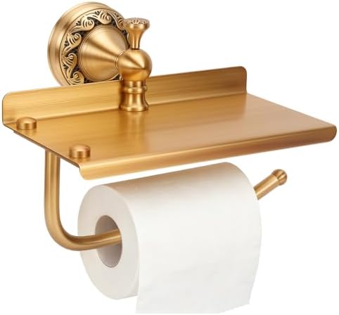 Vintage Wall Toilet Paper Holder, Antique Brass Toilet Paper Holder with Phone Shelf, Bathroom Toilet Paper Roll Holder, Pattern Carving Design
