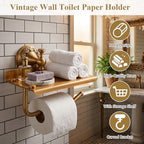 Vintage Wall Toilet Paper Holder, Antique Brass Toilet Paper Holder with Phone Shelf, Bathroom Toilet Paper Roll Holder, Pattern Carving Design