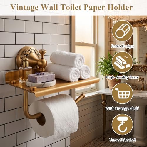 Vintage Wall Toilet Paper Holder, Antique Brass Toilet Paper Holder with Phone Shelf, Bathroom Toilet Paper Roll Holder, Pattern Carving Design