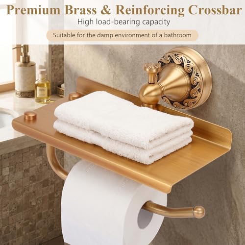 Vintage Wall Toilet Paper Holder, Antique Brass Toilet Paper Holder with Phone Shelf, Bathroom Toilet Paper Roll Holder, Pattern Carving Design